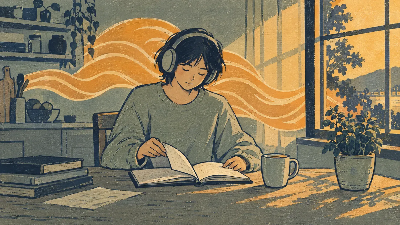 Person in headphones opening a notebook at a sunny kitchen table