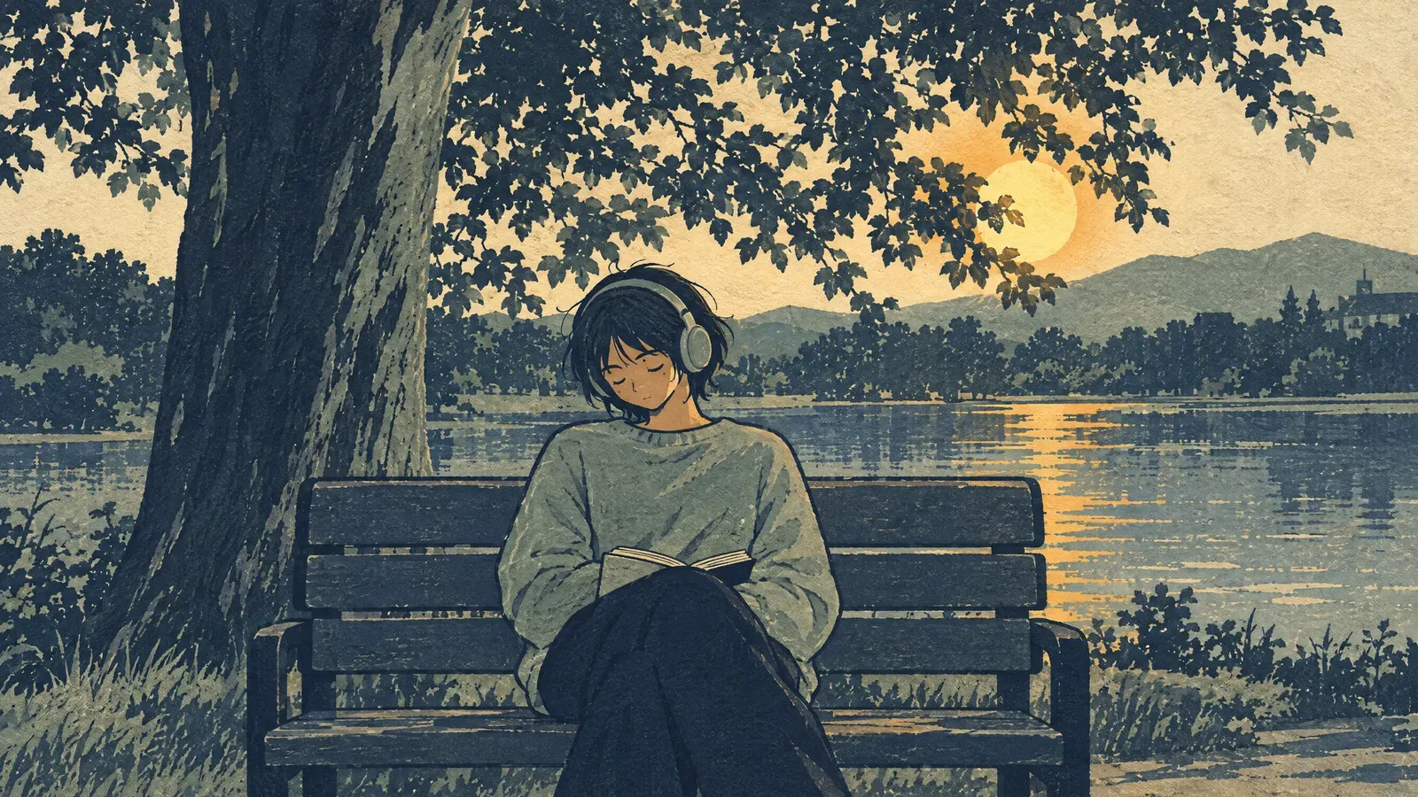 Person with headphones resting on a park bench under a tree