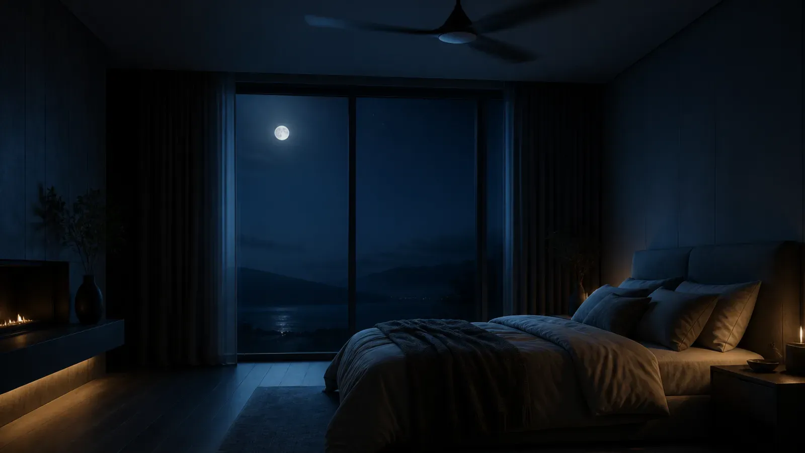 Atmospheric night scene illustrating Fan Sounds for Sleep: What They Mask, and How to Set the Level