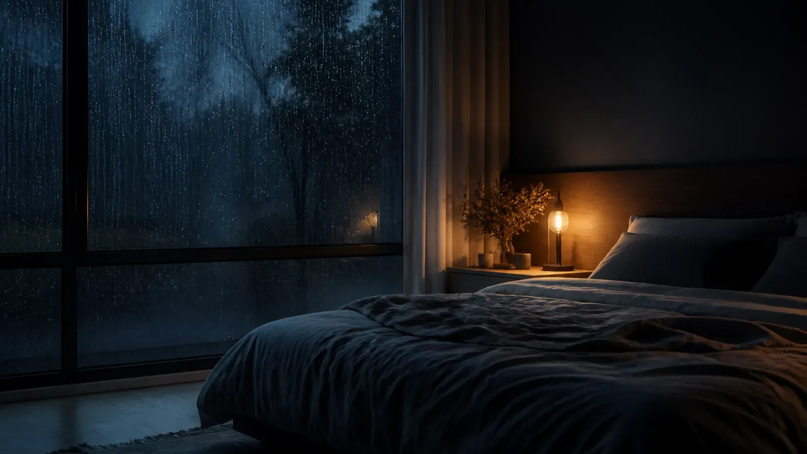 Atmospheric night scene illustrating Rain Sounds for Sleeping: What the Evidence Shows