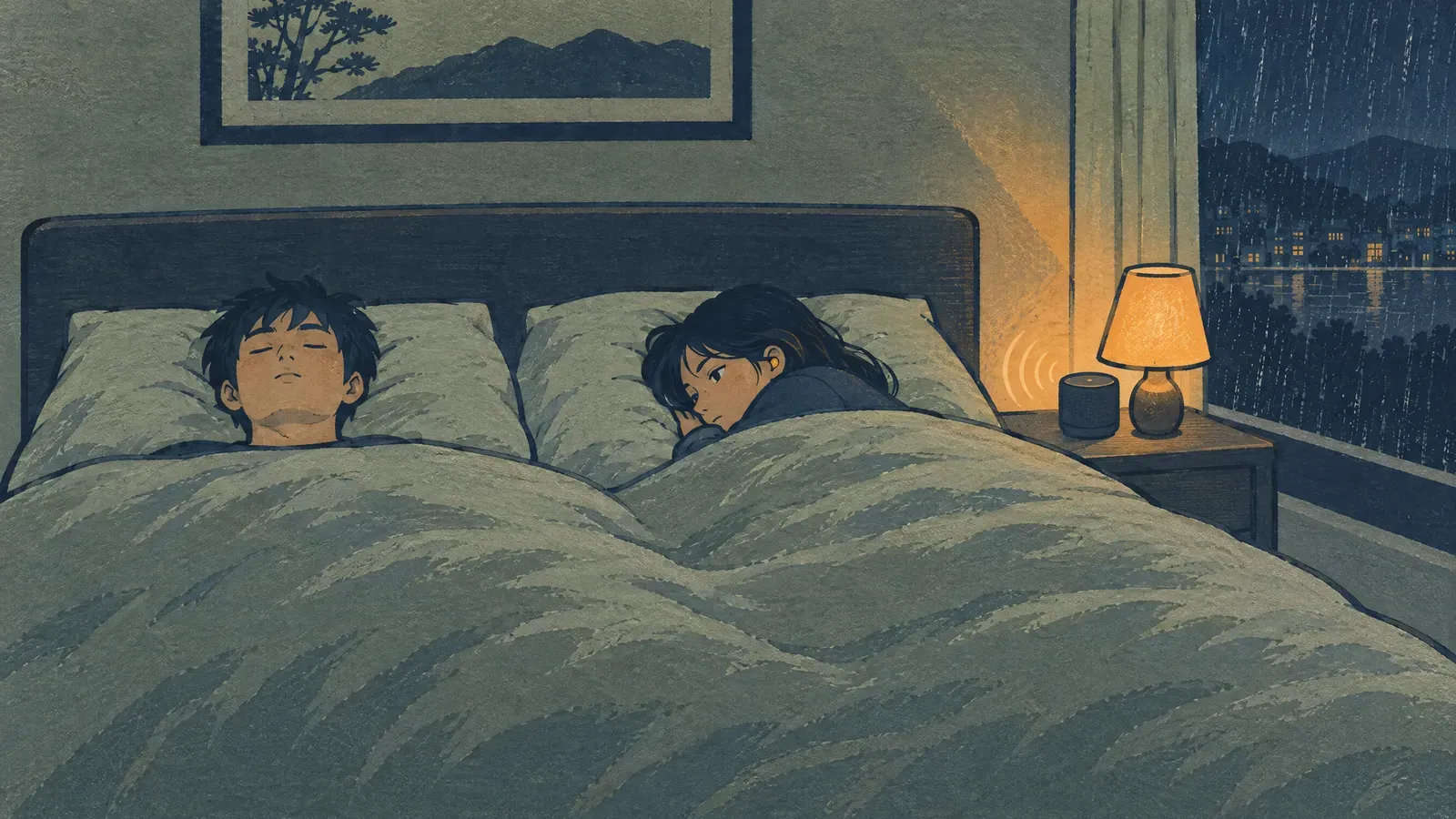 Couple in bed at night, one awake with earplugs