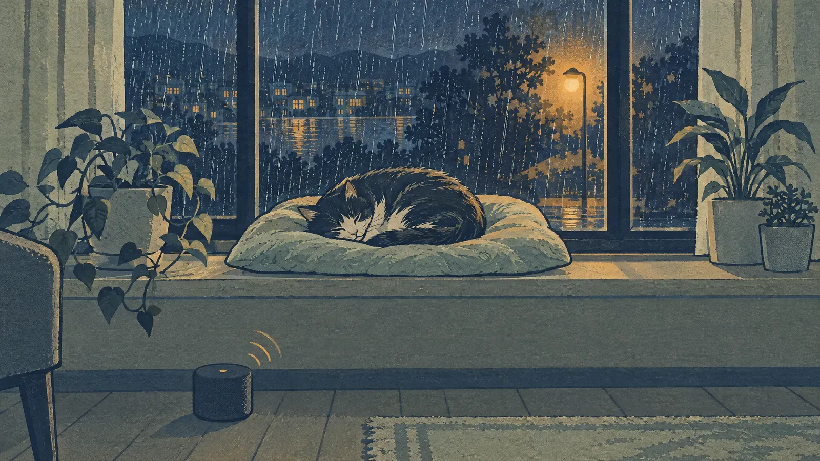 Cat asleep on a windowsill cushion in the evening