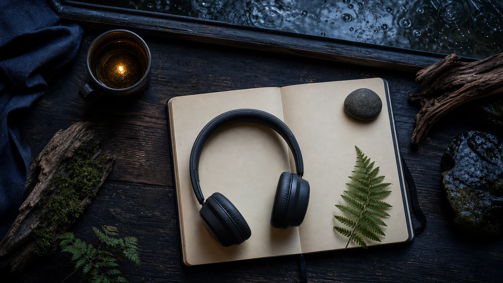 Headphones resting on an open notebook with a fern, river stone, and rain at the window