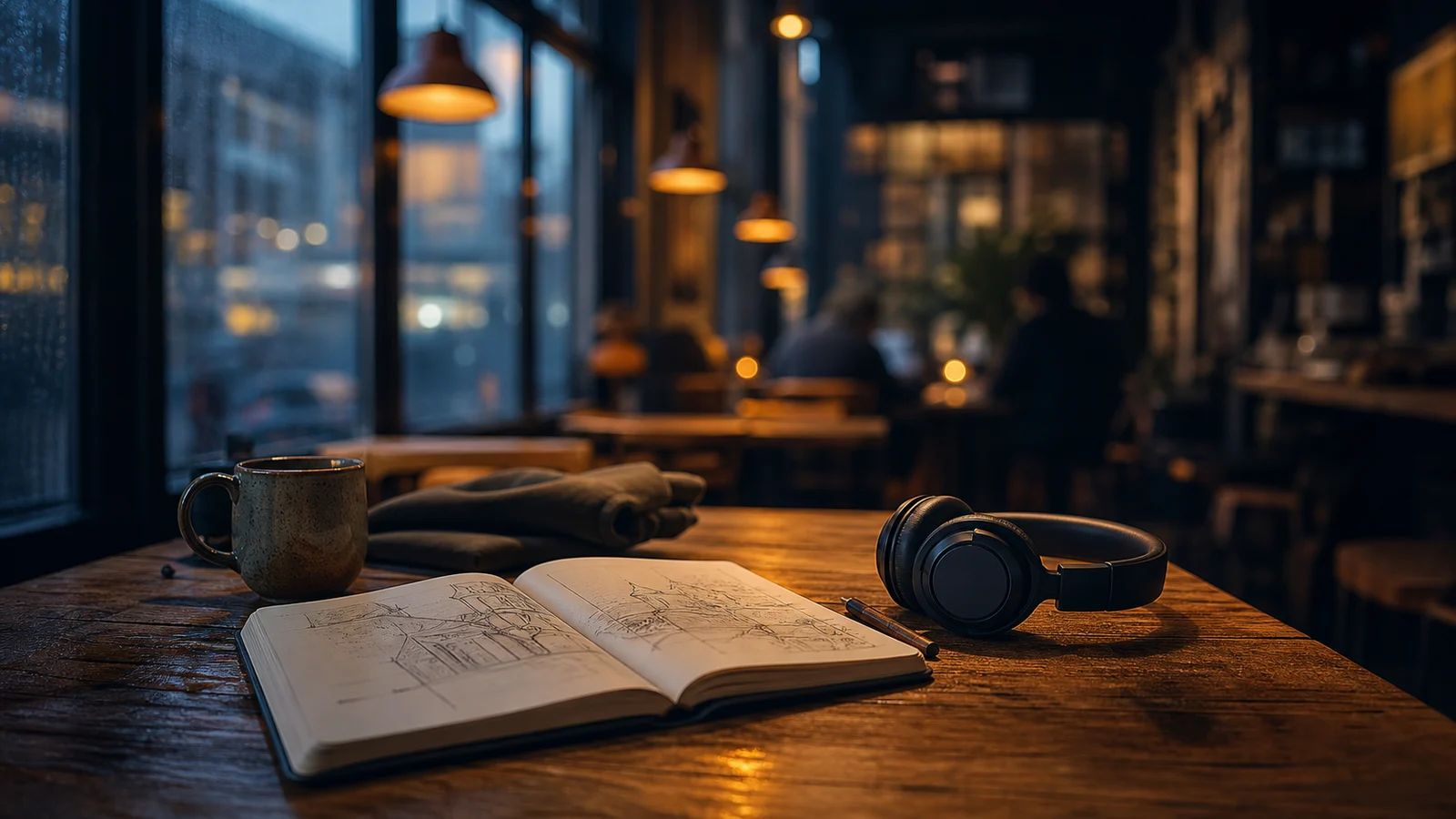 Headphones and an open sketchbook on a quiet coffee-shop table beside rain-darkened windows