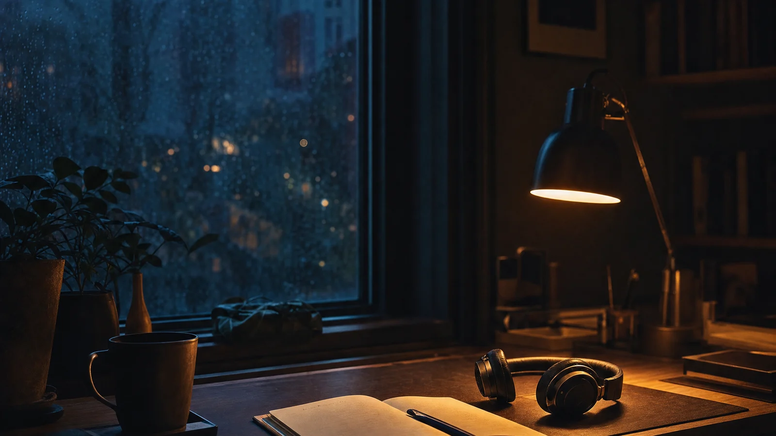 A notebook and headphones on a desk beside a warm lamp and rain-darkened window