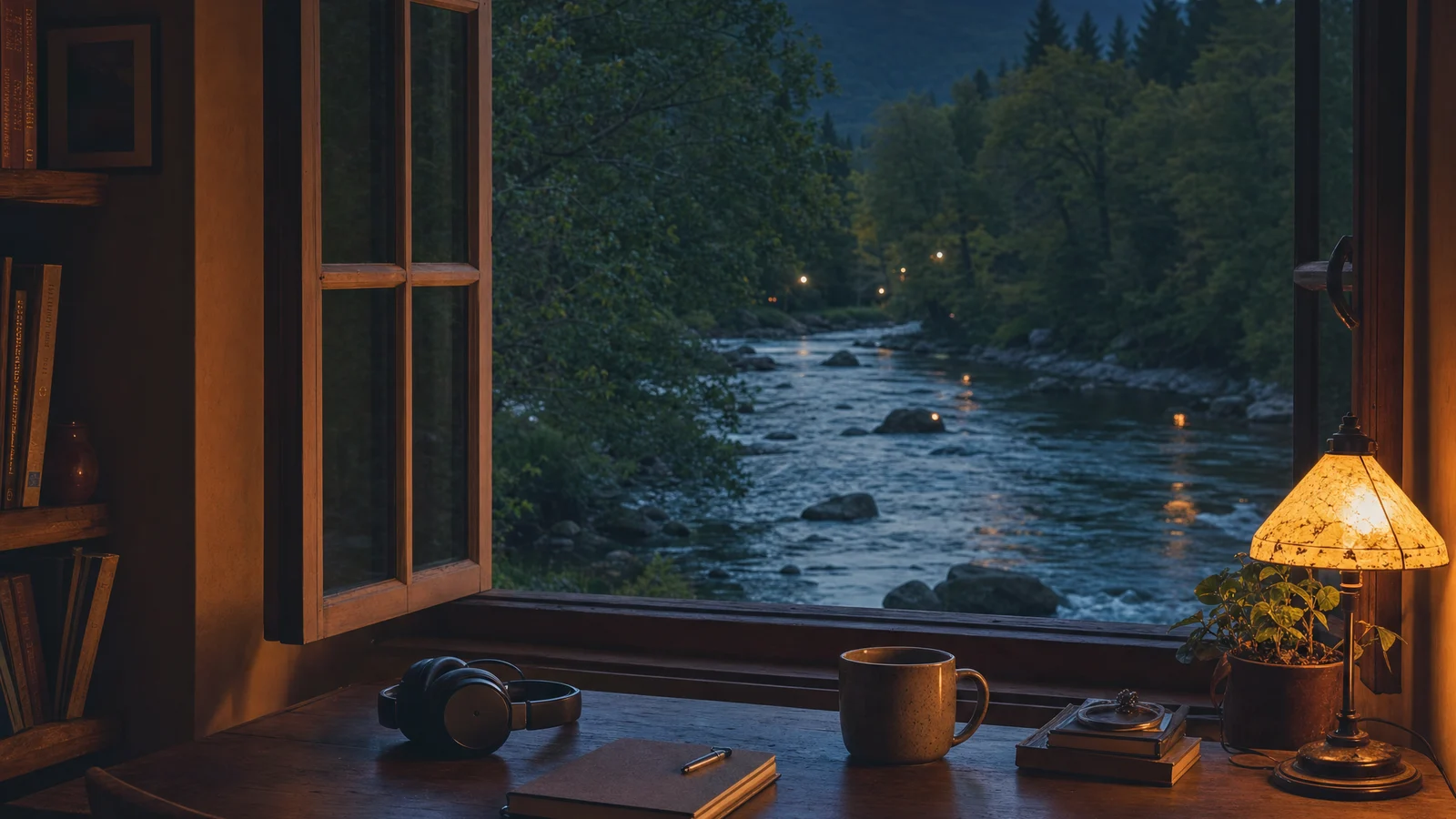 A writing desk overlooking a forest river at dusk