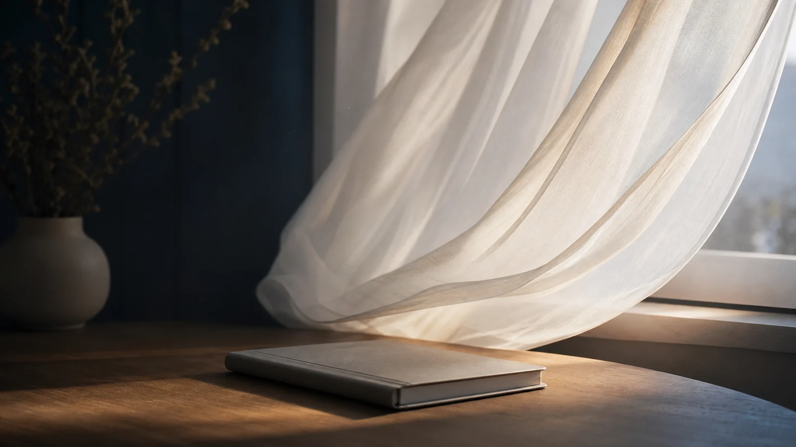 Soft white curtains moving in clean air above a closed notebook
