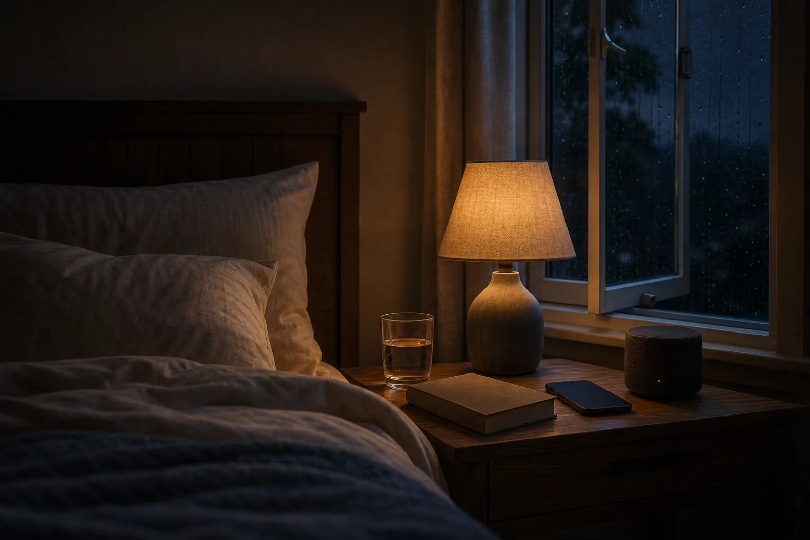 A quiet bedroom with rain outside, a dim bedside lamp, a face-down phone, and a small speaker