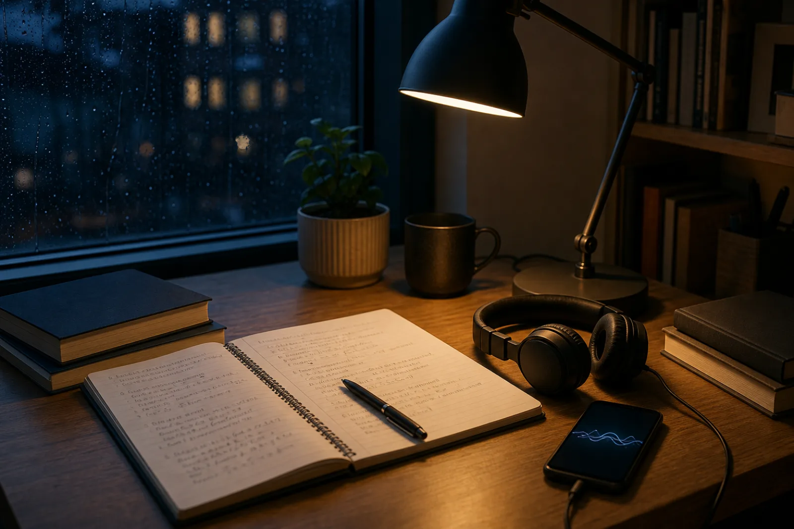 Headphones, a notebook, and a phone playing an abstract sound waveform on a lamplit desk beside a rainy window
